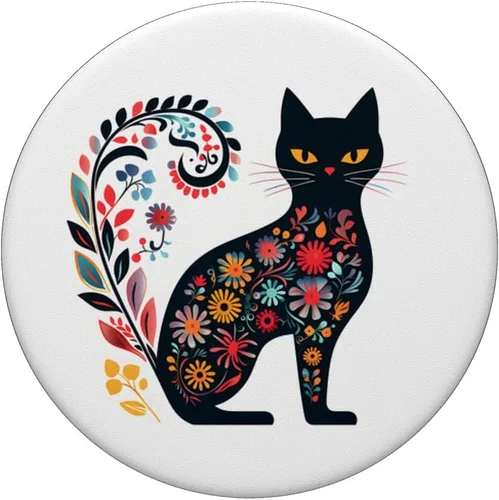Vista 3 de PopSockets PopGrip intercambiables con diseño floral de gato negro