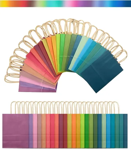 Vista 2 de qiqee Bolsas de regalo pequeñas de papel multicolor con asas a granel para fiesta arcoíris - 8.3"x6"x3.15" 100 piezas