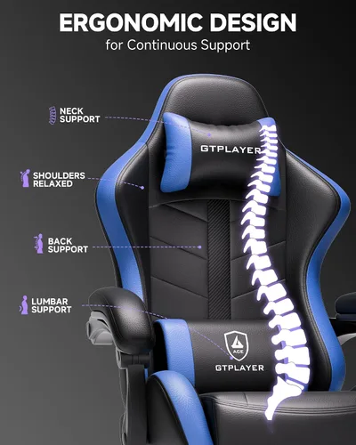 Vista 6 de GTPLAYER Silla de juegos para adultos, silla ergonómica para juegos de computadora con reposapiés, altura ajustable, reclinación de 90-155° y Azul