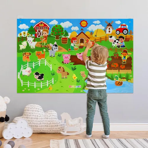 Vista 4 de Juego de tablero de fieltro con temática de granja de animales de Dr.Rapeti 41 piezas para preescolar, tablero ocupado con tema de granja, juego