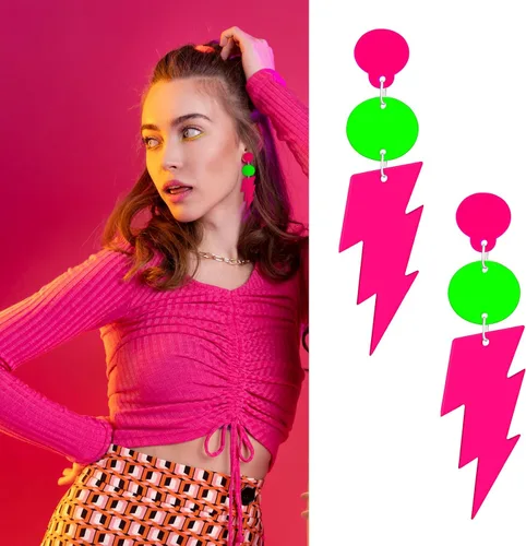 Vista 3 de Aretes de neón con cinta de casete retro de los años 80 y 90 para mujer, juego de aretes de radio acrílicos para accesorios de los años 80 y 90