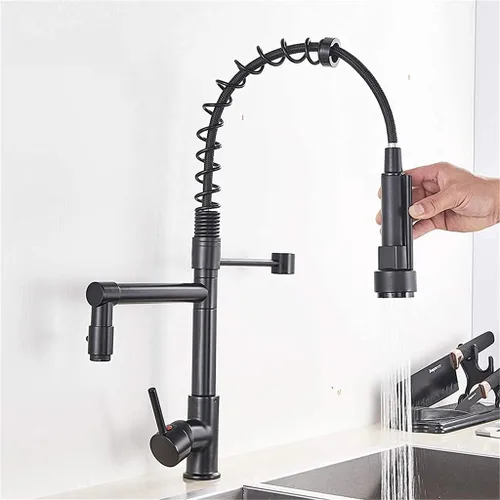 Vista 2 de Grifos de cocina negros extraíbles para fregadero de cocina, montaje en cubierta, doble boquilla giratoria grúa de cocina, grifo mezclador de frío