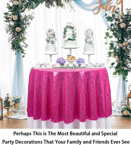 Vista 2 de ShinyBeauty Mantel de lentejuelas rosa intenso, superposición redonda brillante de 120 pulgadas para decoración de bodas, fiestas de cumpleaños