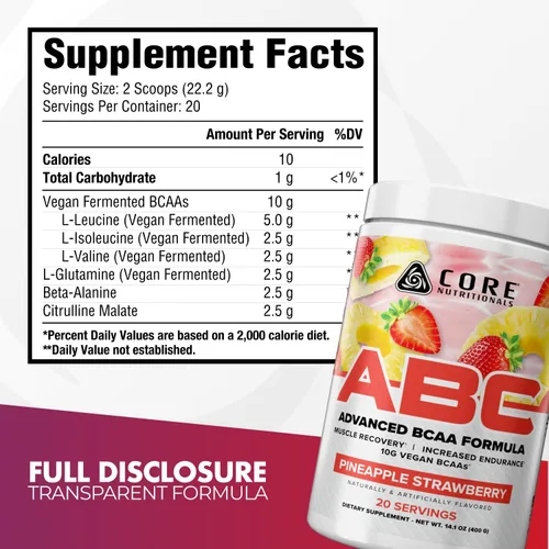 Vista 2 de Core Nutritionals Platinum ABC Advanced Intra-Workout BCAA Suplemento con 0.09 oz de glutamina, beta alanina, malato de citrulina, 20 porciones