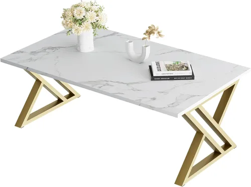 Vista 10 de Wolawu - Mesa de café para sala de estar, mesa central negra, mesa de té rectangular moderna y simple de mármol falso con marco de metal acabado