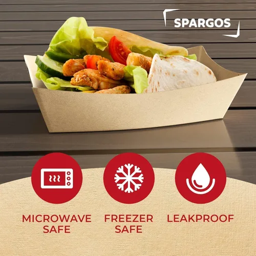 Vista 3 de SPARGOS Botes de comida de papel kraft de 3 libras (paquete de 125) – Bandejas desechables de color marrón rústico para bodas y embutidos – Cestas