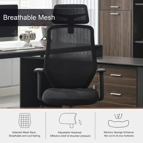 Vista 4 de Okeysen Silla de oficina ergonómica de malla, silla giratoria de computadora con respaldo alto con reposacabezas ajustable 2D, soporte lumbar