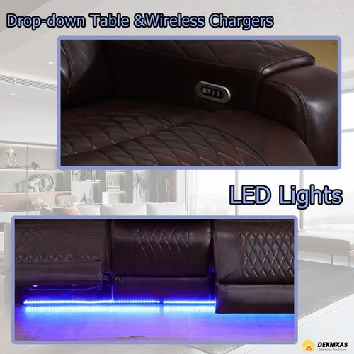 Vista 12 de Juego de sofá reclinable eléctrico, seccional de cuero transpirable beige, juego de muebles de sala de estar, 2 piezas, sofá reclinable eléctrico