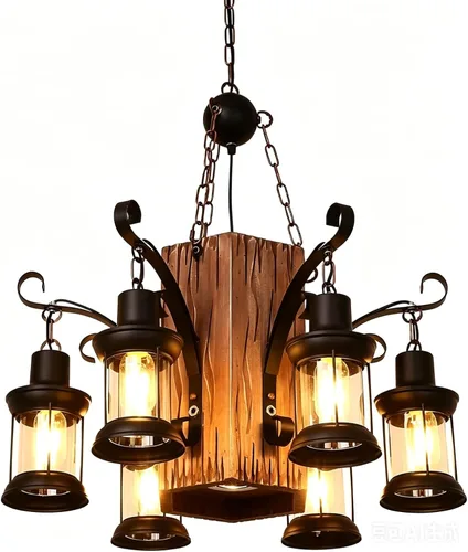 Vista 9 de DouSeiAi Lámpara colgante de madera industrial vintage de 4 luces, lámpara de araña retro con base E26, accesorio de techo colgante para cafetería