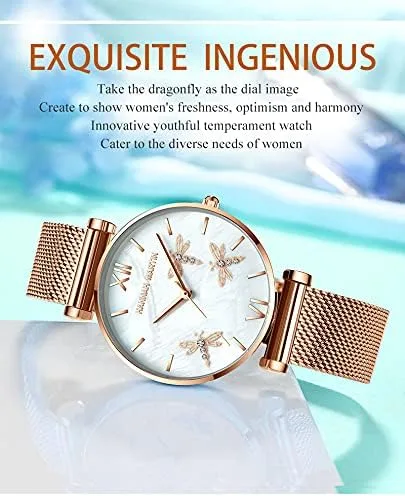 Vista 6 de TENNOVO Fashion Ladies Dragonfly Quartz Watch Luxury Dress Women's 2PCS Bracelet Watch Set Rose Flowers Giftable Packing Box for Women