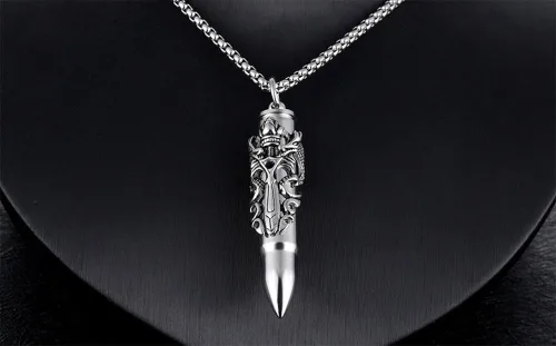 Vista 5 de PAURO Collar de cadena con colgante cilíndrico de acero inoxidable con espada, doble dragón abierto