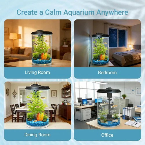 Vista 6 de Koller Products Acuario 360 de 3 galones con iluminación LED (7 opciones de color) y filtro de potencia, ideal para una variedad de peces