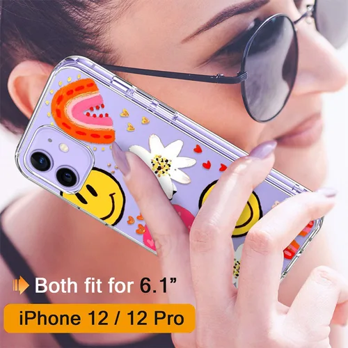 Vista 2 de Funda para iPhone 12, iPhone 12 Pro con protector de pantalla, transparente de cuerpo completo protector floral para niñas y mujeres, a prueba