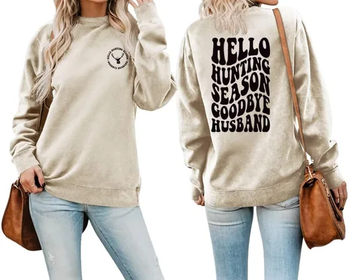 Vista 24 de DUDIHOHX Hello Hunting Season Goodbye Husband - Sudadera de manga larga con estampado de moda, casual, cuello redondo