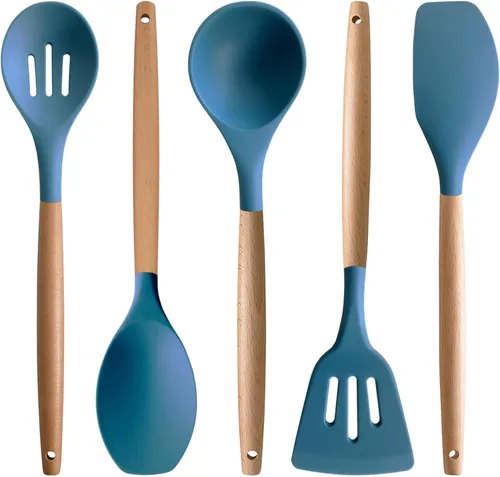 Vista 16 de Juego de 4 utensilios de cocina de silicona, juego de utensilios de cocina grandes antiadherentes con mango de madera, grado alimenticio, resistente