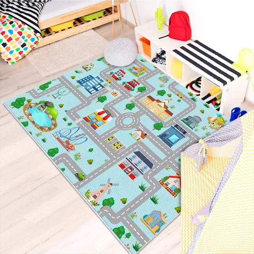 Vista 8 de Alfombra de coche para niños, 2 pies 7 pulgadas x 4 pies, alfombra de juego para trenes de autos de juguete, alfombra antideslizante para pista