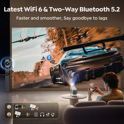 Vista 4 de Soporte 4K, enfoque automático, soporte ajustable de 360°: proyector inteligente 4K con WiFi 6 y Bluetooth5.2, mini proyector portátil nativo 1080P