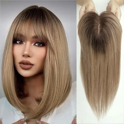 Vista 25 de HAIRCUBE Pelucas de cabello humano 100% con flequillo, densidad 150%, base de seda, clip en la parte superior, pelucas de cabello superior