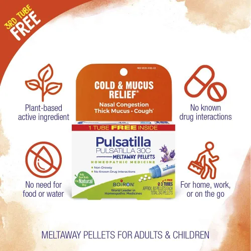 Vista 3 de Boiron Pulsatilla 30C Medicina Homeopática para el Alivio del Resfriado, Congestión Nasal, Mucosidad Espesa y Tos - 3 Unidades (240 Pellets)
