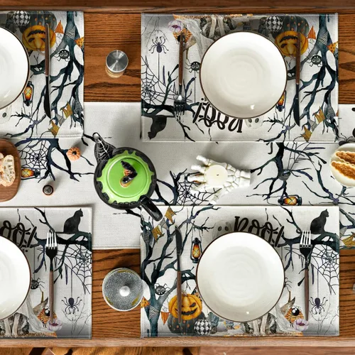 Vista 4 de Artoid Mode Juego de 4 manteles individuales de Halloween con diseño de calabazas fantasmas, árbol y perro, 12 x 18 pulgadas, para decoración