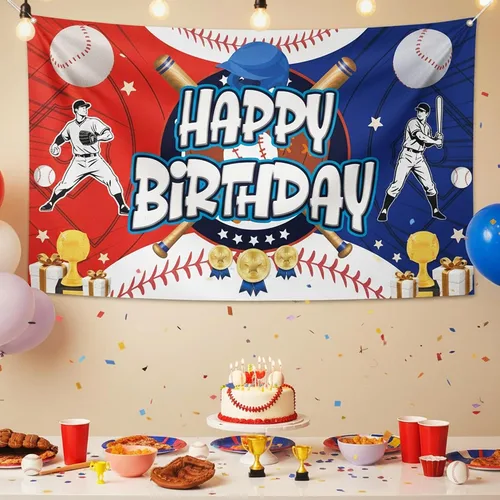 Vista 4 de Telón de fondo de cartel de feliz cumpleaños de béisbol, decoraciones de fiesta de béisbol, fondo de fotos de vinilo, suministros de fiesta