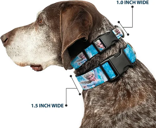 Vista 2 de Buckle-Down Collar de clip de plástico, cara de Elsa congelada, postura de acción, copos de nieve, azul, blanco, 1 pulgada de ancho, se adapta a