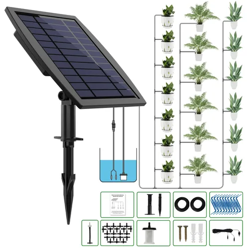 Vista 9 de JIYANG - Kit de riego automático solar por goteo, dispositivo de riego automático automático fácil de bricolaje compatible con plantas de macetas, 6