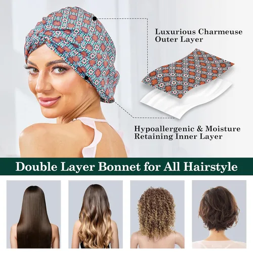 Vista 98 de Gorro de satén de seda ajustable para envolver el cabello para dormir, gorro de dormir de doble capa, turbante nocturno para cabello largo y rizado