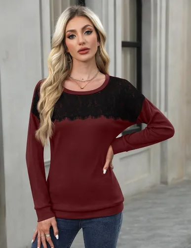 Vista 4 de For G and PL Sudadera elegante de manga larga con cuello redondo y encaje para mujer, para otoño e invierno 2024