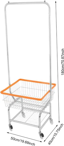 Vista 4 de Carrito de lavandería de alambre de acero, cesta de lavandería con ruedas, carrito de lavandería comercial resistente con estante para barra, 19.69
