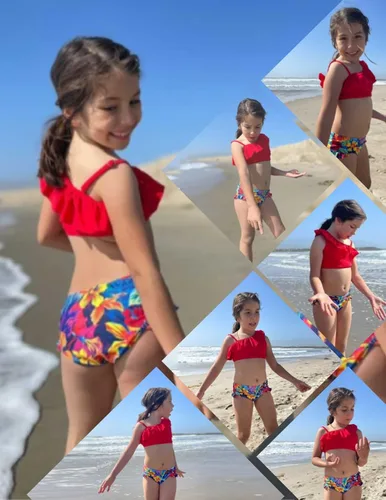 Vista 6 de Arshiner Traje de baño de dos piezas con volantes y estampado de volantes para niñas