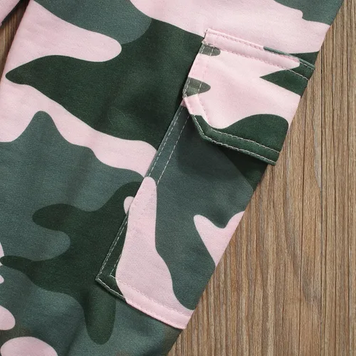 Vista 5 de Conjunto de ropa de manga larga con estampado de letras bendecidas y pantalones de camuflaje para niñas pequeñas