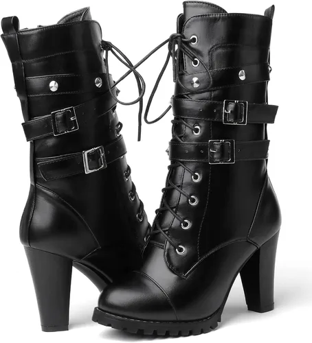 Vista 19 de Susanny Botas de tacón alto para mujer, Botas de plataforma con tacón sexy de puntera redonda con agujetas, tacón alto, botas de media pantorrilla