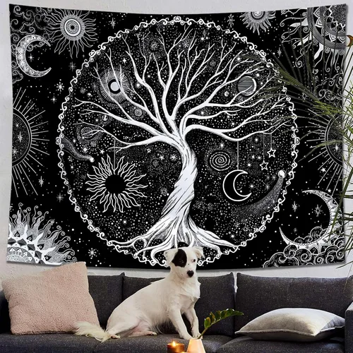 Vista 2 de Spenlife Tapiz del Árbol de la Vida en Blanco y Negro para Dormitorio, Tapices Espirituales Estéticos, Tapices de Árbol Estéticos, Tapiz Estético