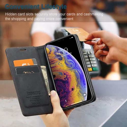 Vista 8 de japezop Funda tipo cartera compatible con iPhone Xs/iPhone X con tarjetero y bloqueo RFID, funda de cuero suave con soporte magnético y funda Negro