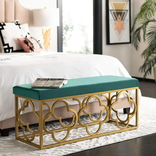 Vista 2 de Safavieh Home Fleur Banco rectangular Glam de terciopelo verde esmeralda y dorado de 45 pulgadas