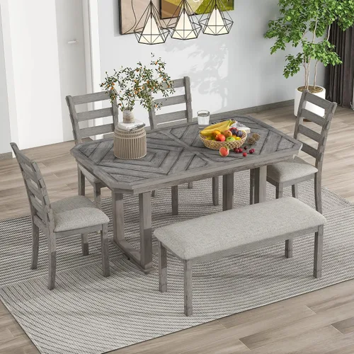 Vista 19 de Juego de mesa de comedor de madera de 7 piezas, mesa extensible multifuncional con hojas de 12 pulgadas y 2 cajones, 6 sillas de comedor con cojín