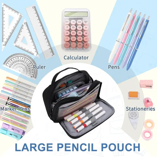 Vista 7 de VASCHY Estuche para lápices, organizador grande con cremalleras y asa superior, suministros escolares para niños, adolescentes, estudiantes