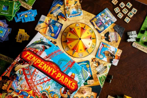 Vista 3 de Tenpenny Parks Juego de mesa Construye el mejor parque temático Hermoso parque de atracciones estrategia colocación de trabajadores juego