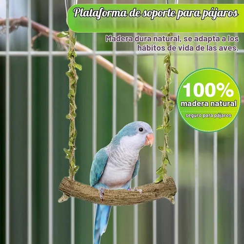 Vista 3 de Percha de madera natural para pájaros con hojas decorativas Verde