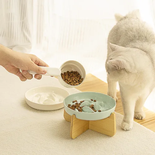 Vista 7 de Cuenco elevado de cerámica para gatos de alimentación lenta, peces, antivómitos, rompecabezas para gatos y perros de tamaño pequeño Verde