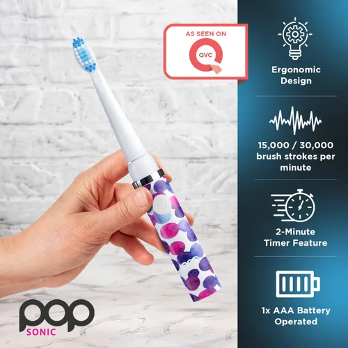 Vista 4 de Cepillo de dientes eléctrico Pop Sonic (burbuja morada) Paquete de 2 cabezales de repuesto - Cepillos de dientes de viaje con batería AAA Cepillos