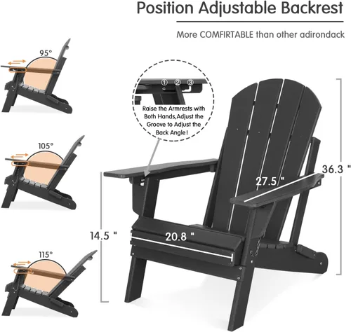 Vista 3 de Lepdep Silla plegable Adirondack moderna ajustable de plástico para exteriores, resistente a la intemperie, 3 posiciones con soporte para tazas