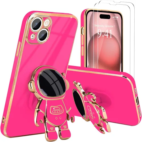 Vista 55 de Pepmune - Funda para iPhone 15 con soporte de astronauta 3D, color negro [2 Screen Protector], Luxury Electroplated Soft TPU Cover with Kickstand