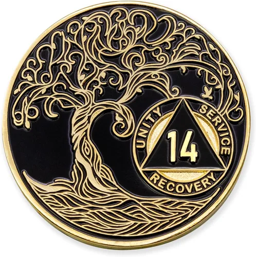 Vista 70 de 1 año Sobriety Mint Twisted Tree of Life Medallón de recuperación AA chapado en oro, chip/ficha - negro