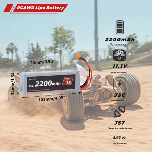Vista 4 de RCAWD 11.1V Lipo Batería 3S 35C 2200mAh con JST IC2 para Arrma Grom Typhon