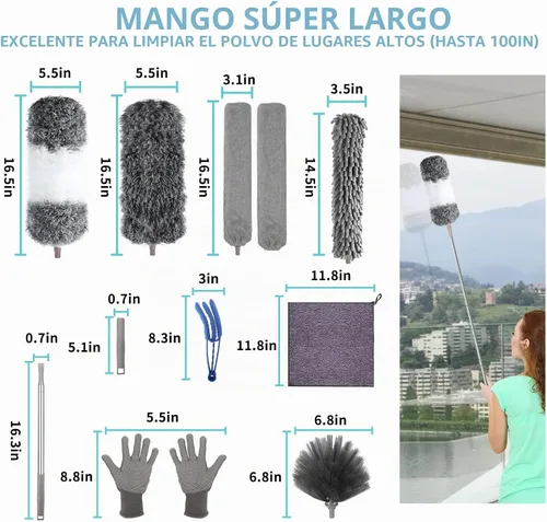 Vista 6 de Plumero de microfibra con poste de extensión de 30 a 100 pulgadas, reutilizable, flexible, lavable para limpiar ventilador de techo, techo alto