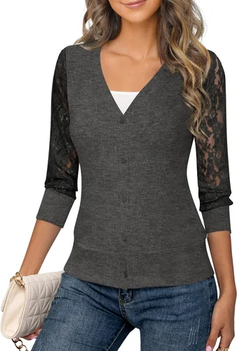 Vista 3 de Tralilbee Cárdigan de manga 34 para mujer, frente abierto, cuello en V, encaje con botones, bolero para vestidos S-XL