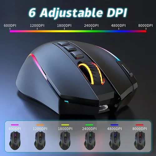 Vista 2 de Mouse inalámbrico para juegos, sensor óptico de 8000 DPI, retroiluminación RGB, botones programables MMO 9, con botones laterales de grabación