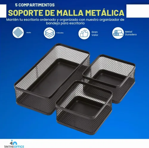 Vista 2 de 1InTheOffice Mesh Collection - Bandeja organizadora de cajones de escritorio, 3 compartimentos, apilable, negro mate